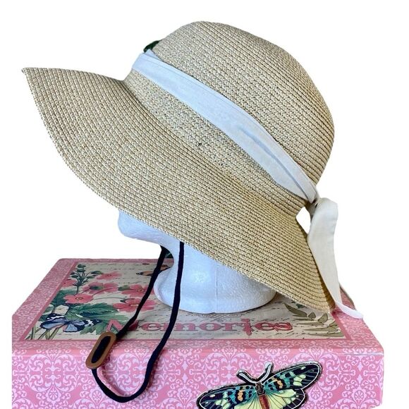 Furtalk Wide Brim Straw Beach Hat w Adjustable Strap Womens Size Medium Large - Picture 2 of 8
